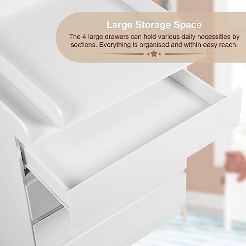 Commode Woltu avec matelas à langer amovible et 4 tiroirs - Blanc brillant - 110 cm de haut