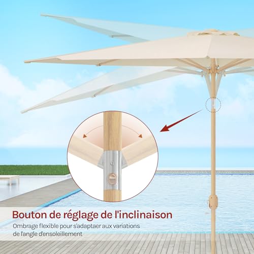 Parasol Woltu 300 cm Beige - Protection solaire UPF 50+ avec fonction d'inclinaison et fermeture avec tuyau