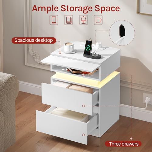 Woltu Table de nuit avec prise et éclairage LED - Blanc - 40 x 35 x 55 cm - 2 tiroirs et 1 compartiment de rangement - Moderne et multifonctionnel