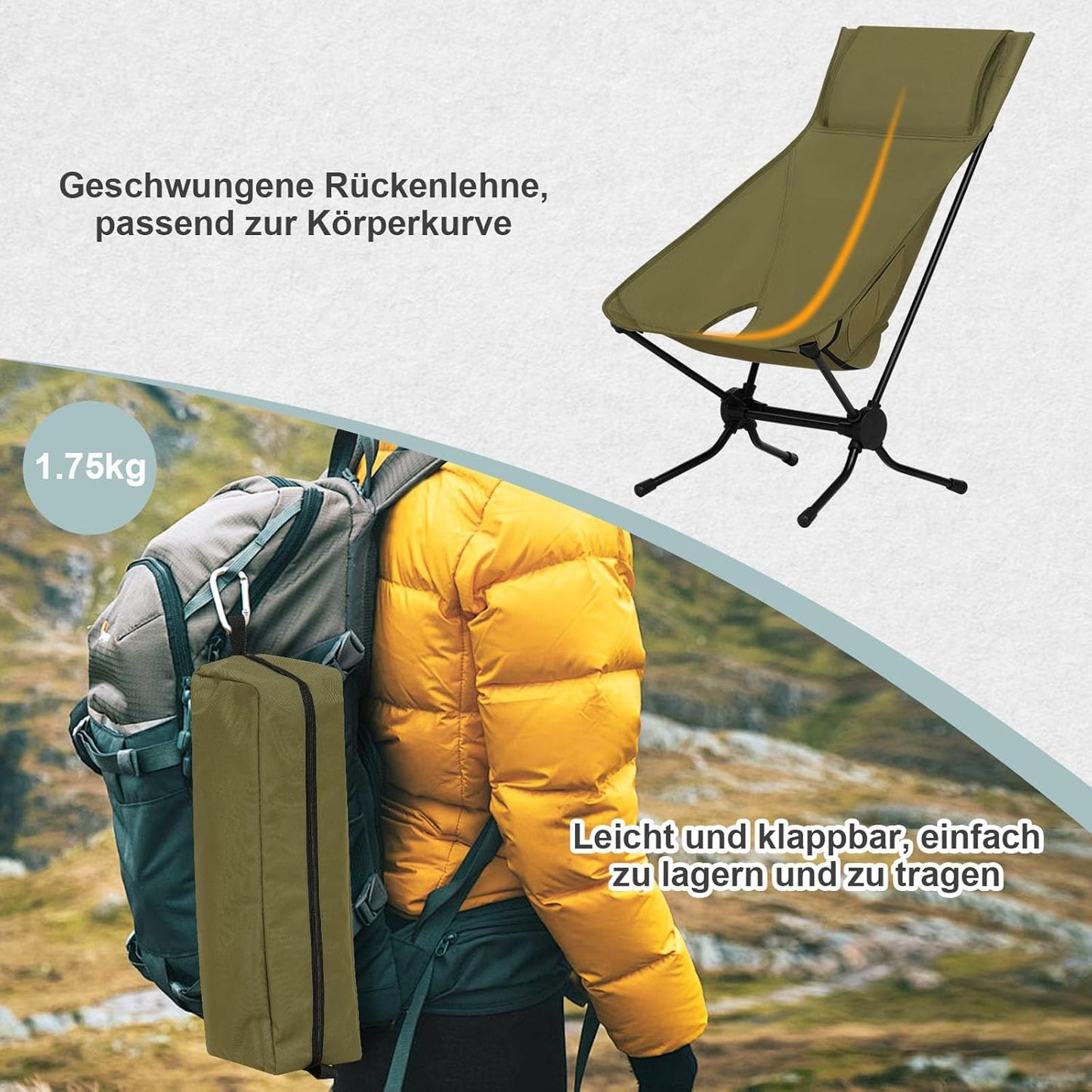 Chaise de camping pliable Woltu verte 56 x 72 x 88 cm - Chaise de pêche légère avec dossier haut et sac de transport - Charge jusqu'à 150 kg
