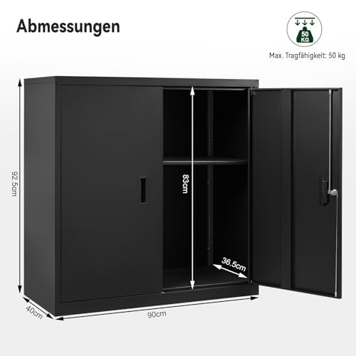 Woltu Armoire de rangement avec étagère réglable - Armoire en métal avec serrure - Noir - 90 x 92 x 40 cm