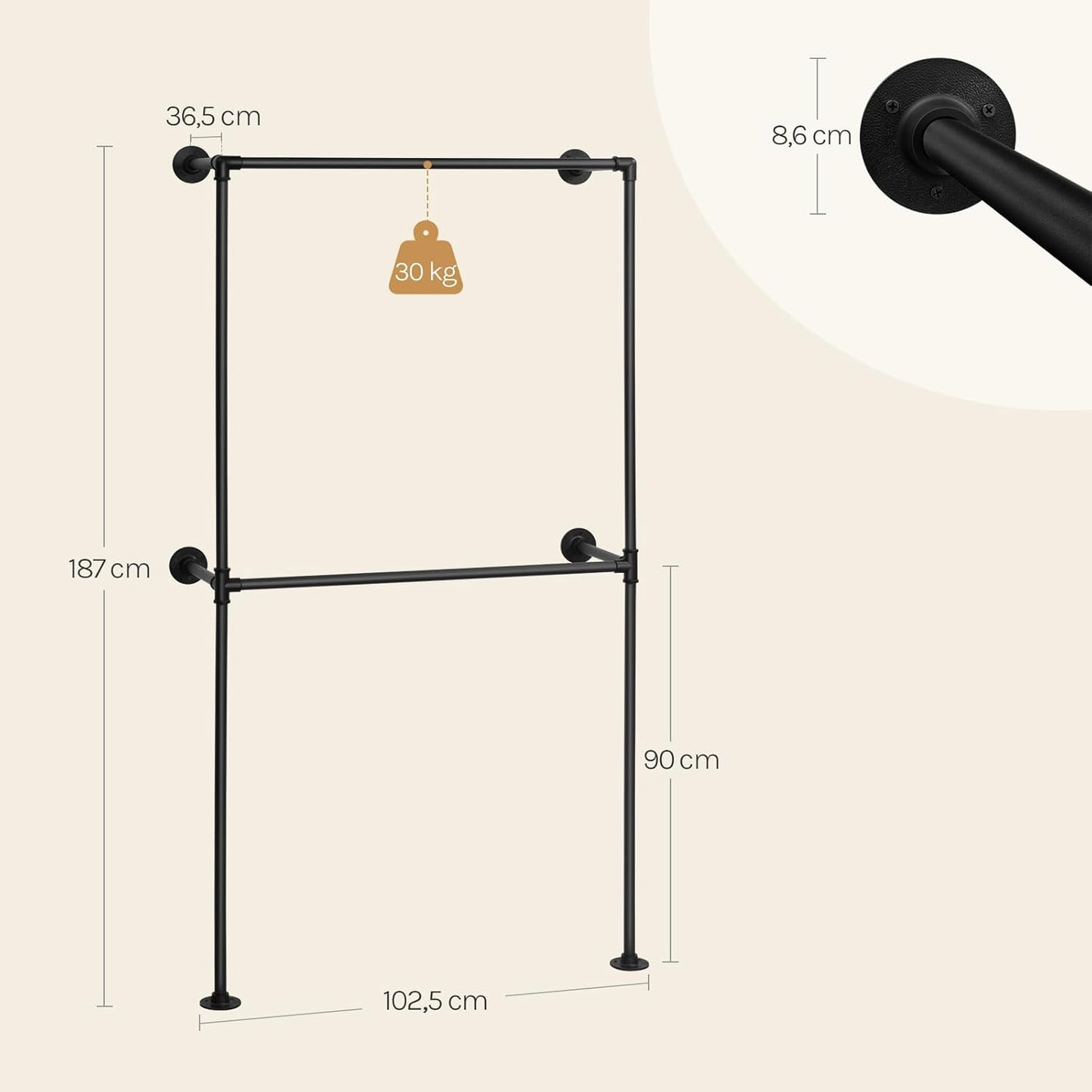 Portemanteau mural industriel Woltu avec 2 rails de suspension - Armoire ouverte en métal - Noir - 102,5 x 36,5 x 187 cm