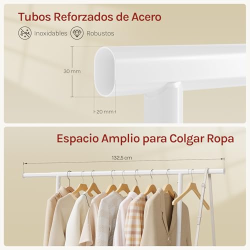 Woltu Porte-vêtements à roulettes et rack de rangement blanc - Réglable de 92,5 à 132,5 cm - Capacité de charge maximale de 70 kg