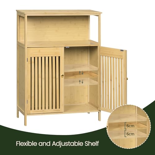 Eugad Armoire de salle de bain avec 2 portes à lamelles et étagères réglables - Couleur bambou 70 x 98 x 32 cm