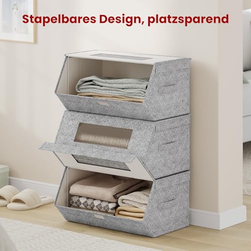 Woltu Boîtes de rangement empilables avec couvercle Gris et Beige 50x25x35 cm Lot de 3