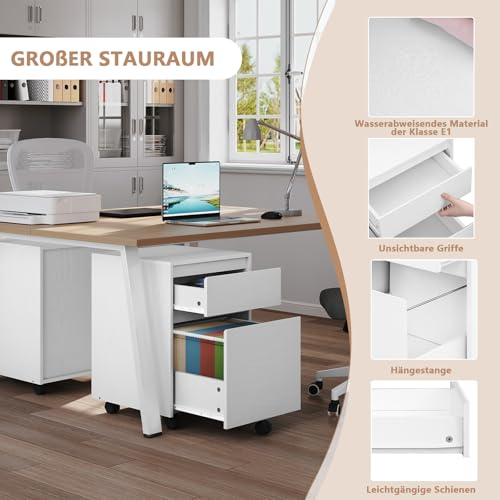 Woltu Rolling Drawer Cabinet ASK11ws - Conteneur de bureau mobile avec 2 tiroirs - Blanc - 40 x 56 x 40 cm