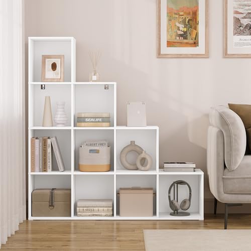 Woltu Bookcase Stepped Shelf with 10 Compartments White 120 x 30 x 120 cm