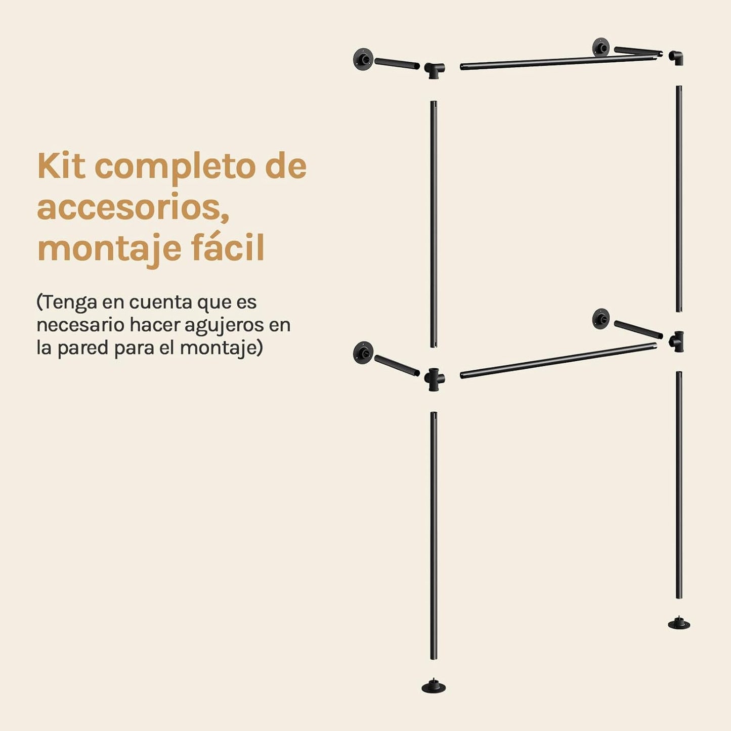 Portemanteau mural industriel Woltu avec 2 rails de suspension - Armoire ouverte en métal - Noir - 102,5 x 36,5 x 187 cm