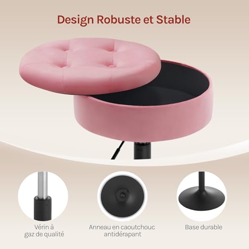 Woltu Tabouret de maquillage avec rangement - Tabouret de bar réglable 50-66.5 cm - Assise ronde - Rose velours