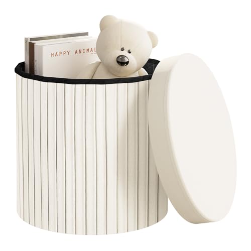 Tabouret de rangement Woltu avec couvercle - Crème velours - Ø38 x H36 cm