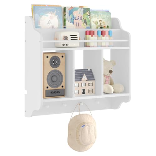 Etagère murale flottante pour enfants Woltu - Bibliothèque avec 3 compartiments et 4 crochets - Blanc - 60 x 20 x 57 cm
