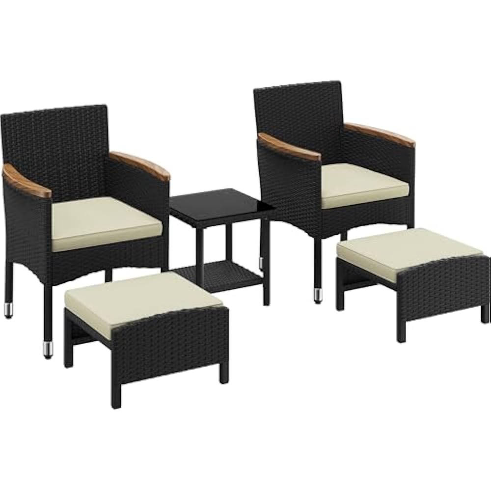 Yaheetech 5-Piece Lounge Set Black/Beige - PE Rattan - Chaise 62 x 61.5 x 84.5 cm - Avec table et poufs