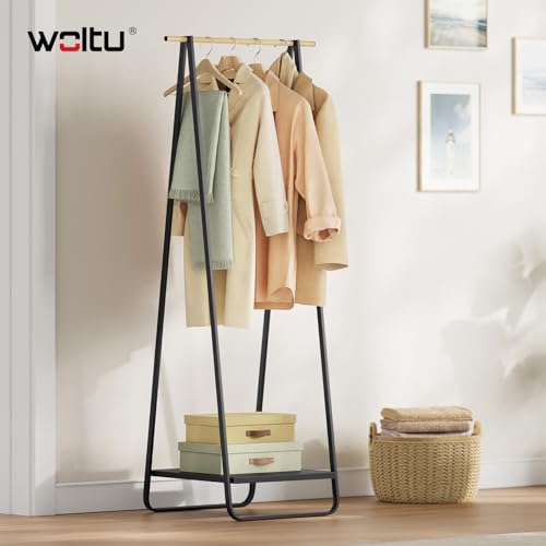 Porte-vêtements et porte-chaussures Woltu - Métal noir et bambou - 54 x 45 x 141 cm