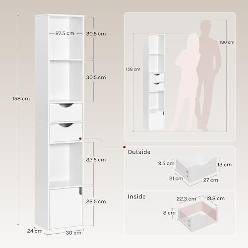Woltu Bibliothèque à tiroirs - Meuble de rangement sur pied - Blanc - 30x24x158 cm