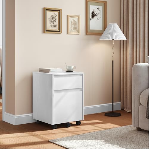 Woltu Rolling Drawer Cabinet ASK11ws - Conteneur de bureau mobile avec 2 tiroirs - Blanc - 40 x 56 x 40 cm