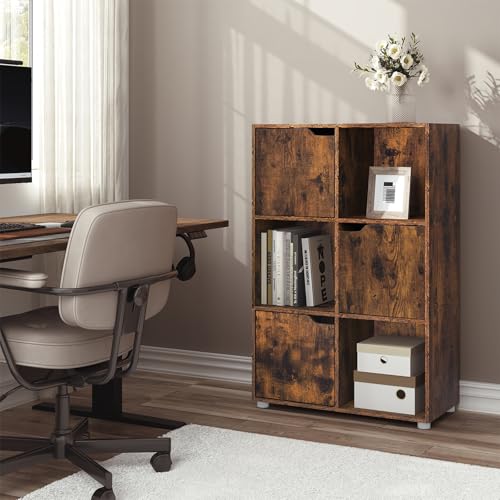 Woltu Bibliothèque SK001vbn 6 compartiments avec portes - Armoire en bois brun rustique - 59,7 x 29 x 91 cm