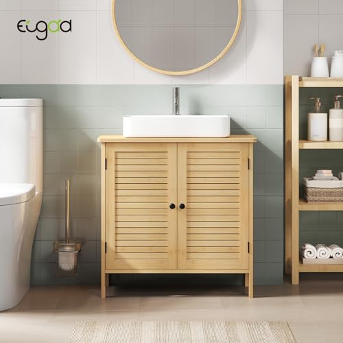 Eugad Armoire de salle de bain en bambou avec 2 portes - Armoire de buanderie sur pied - Bambou/Naturel - 60 x 30 x 60 cm