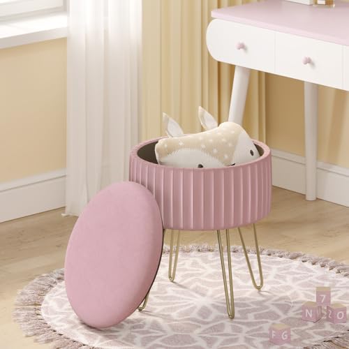 Woltu Pouf avec rangement - Tabouret rond en velours rose clair 31.5x37.5 cm