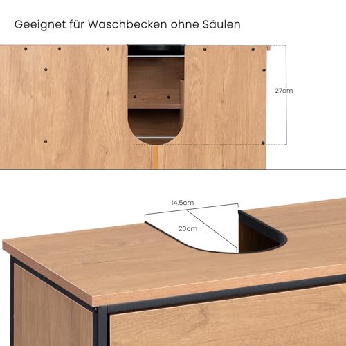 Eugad Armoire de toilette avec 2 tiroirs et 3 compartiments ouverts Chêne clair - Noir 90 x 30 x 60 cm