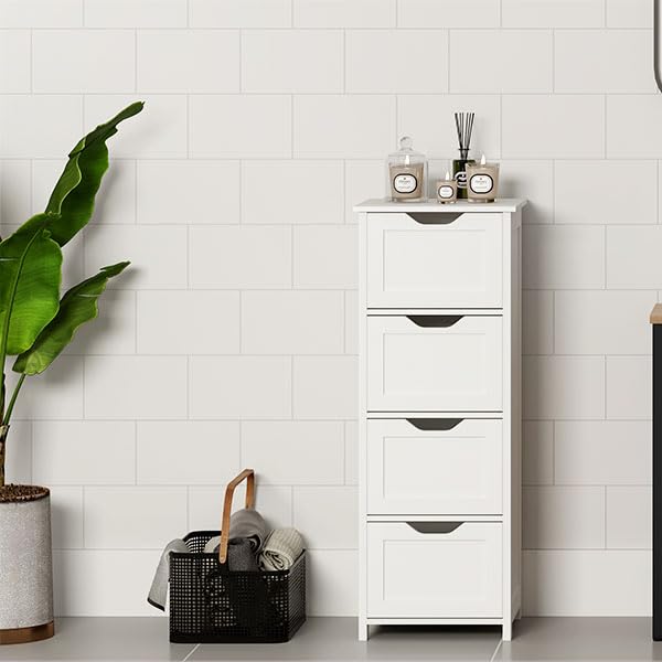 Esituro Armoire de toilette SBP0020 Avec 4 Tiroirs - MDF Blanc - Compact et Spacieux 24 x 26 x 16 cm