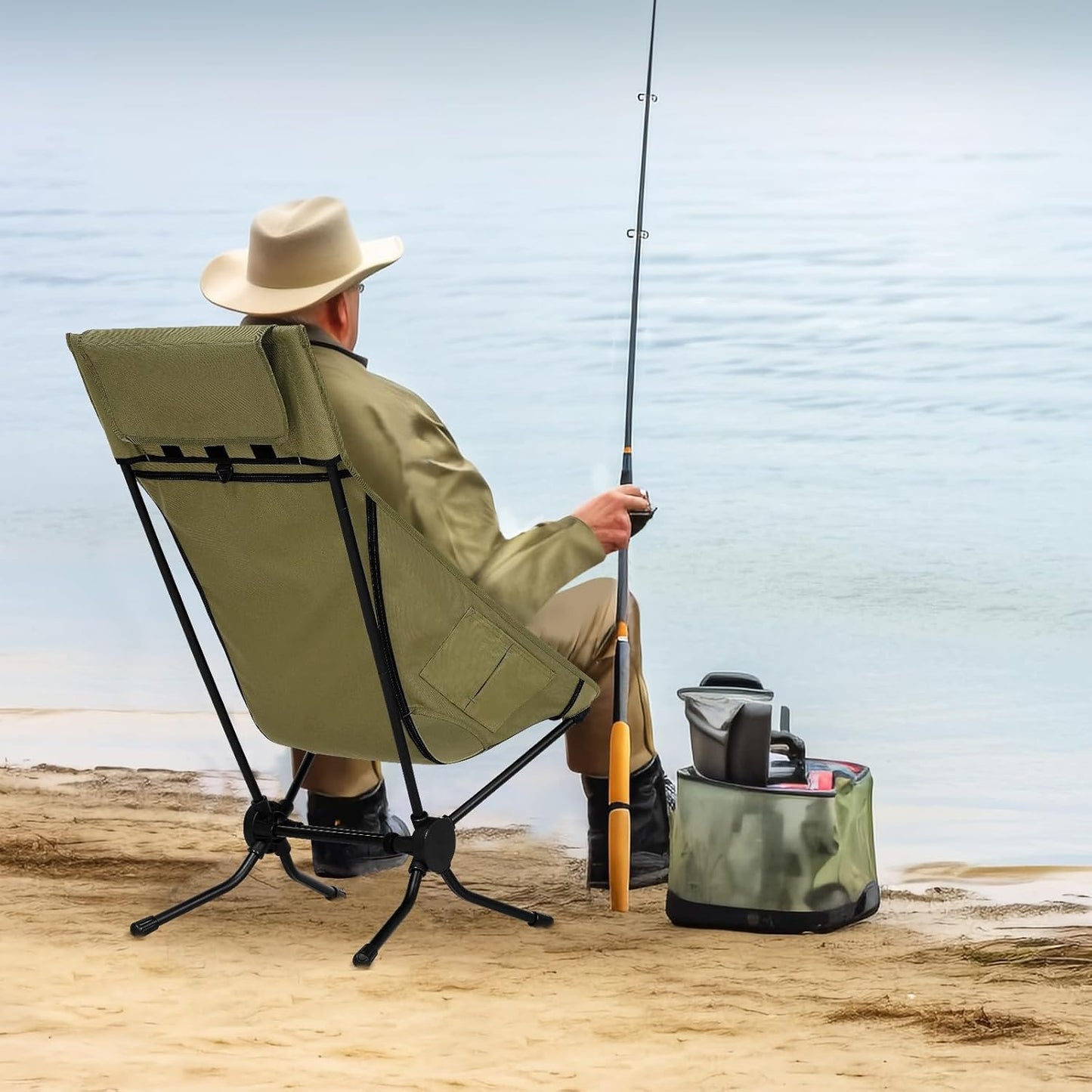 Chaise de camping pliable Woltu verte 56 x 72 x 88 cm - Chaise de pêche légère avec dossier haut et sac de transport - Charge jusqu'à 150 kg