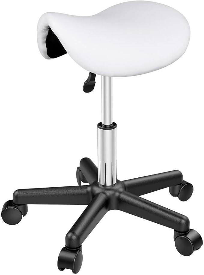 Yaheetech Saddle Stool - Tabouret mobile - Siège selle - Hauteur réglable - 5 roues - Blanc