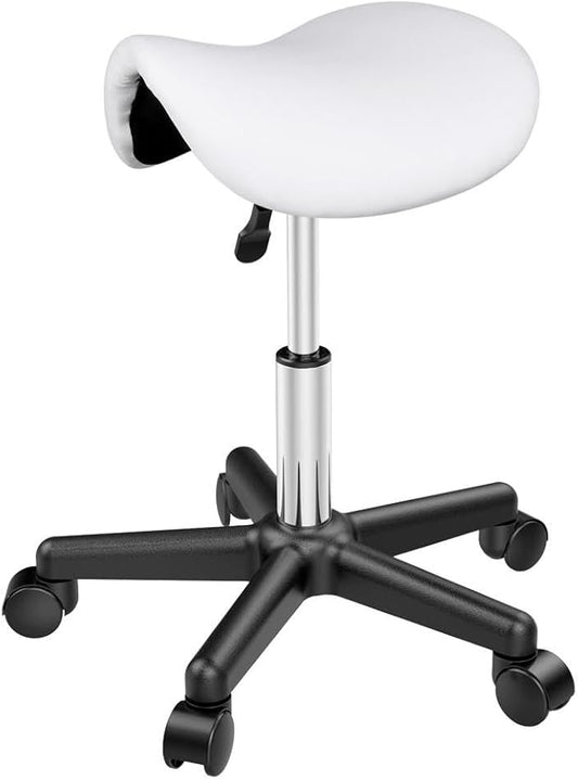 Yaheetech Saddle Stool - Tabouret mobile - Siège selle - Hauteur réglable - 5 roues - Blanc