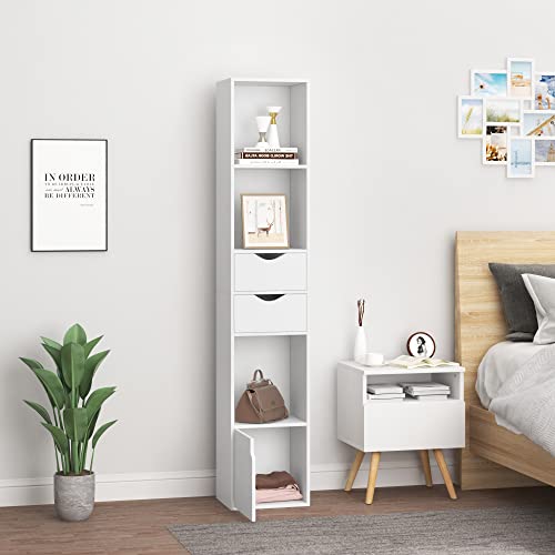 Woltu Bookcase SK028ws Modern - Armoire verticale en bois avec 3 compartiments ouverts, 2 tiroirs et 1 placard - Blanc - 30 x 24 x 158 cm