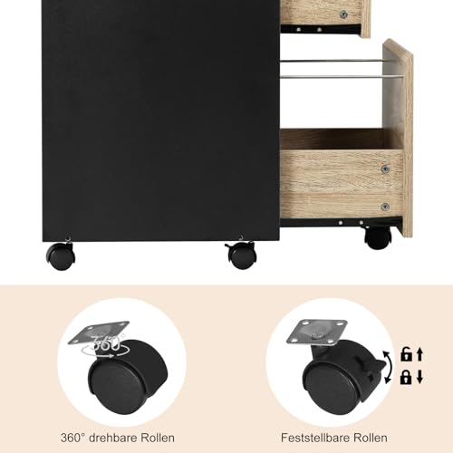 Commode mobile Woltu avec 3 tiroirs - Chêne clair noir - 40 x 71,5 x 40 cm