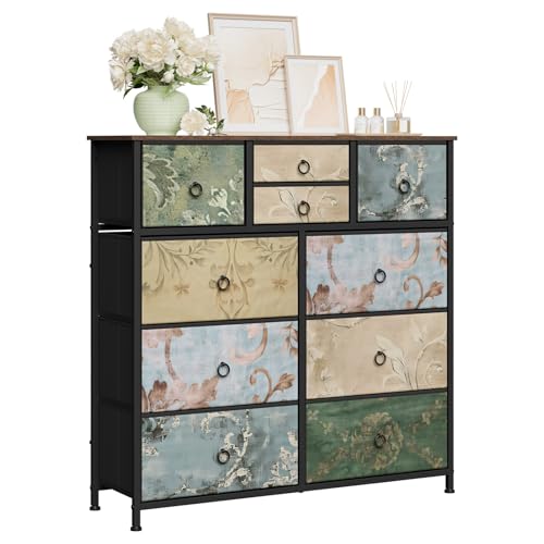 Commode Woltu avec 10 tiroirs Motif floral vintage - Marron - 100 x 100 x 30 cm