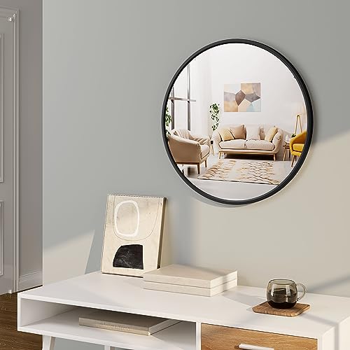Woltu Miroir mural rond Ø60 cm Cadre métal noir
