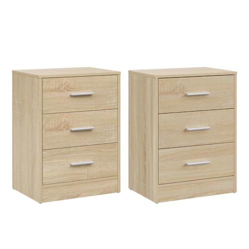 Woltu Lot de 2 tables de chevet à 3 tiroirs - Chêne clair - 39 x 54 x 28 cm