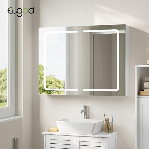 Armoire de toilette Eugad avec miroir LED et lumière tactile - Blanc - 80 x 14,5 x 60 cm