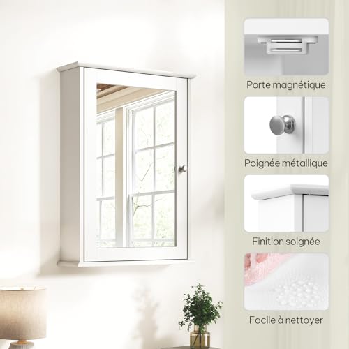 eSituro Cabinet de toilette avec porte en miroir et étagère réglable Blanc 42 x 58,5 x 12 cm