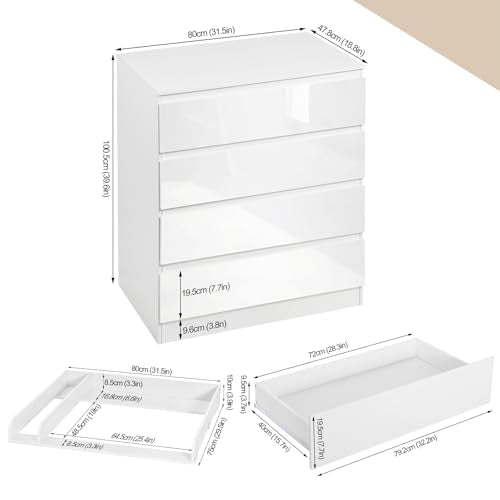 Commode Woltu avec matelas à langer amovible et 4 tiroirs - Blanc brillant - Hauteur 110 cm
