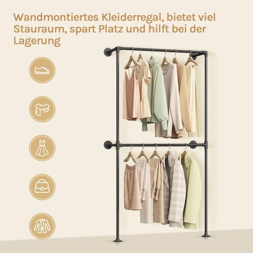 Woltu Open Wall Cabinet Industrial Black - Portemanteau mural avec 2 tringles 102,5 x 187 x 36,5 cm