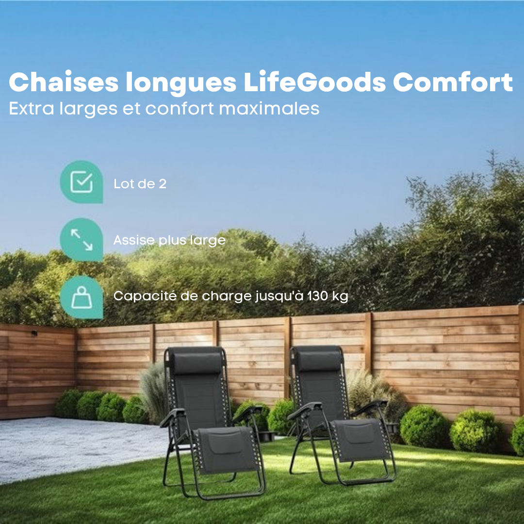 LifeGoods - Lot de 2 chaises longues - 30°-90° réglable - 150 kg max - Support pour gobelets et téléphone - Noir