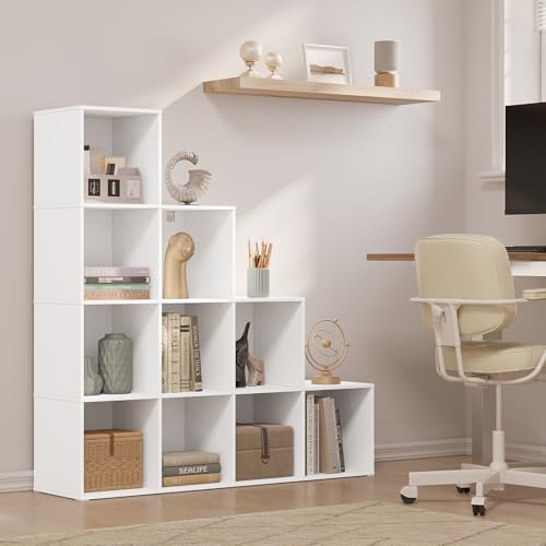 Woltu Bookcase Stepped Shelf with 10 Compartments White 120 x 30 x 120 cm