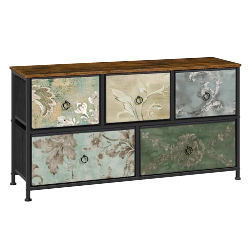 WOLTU Meuble à tiroirs à motif floral vintage - Meuble de rangement avec 5 tiroirs en tissu et cadre en métal - 100 x 30 x 54 cm