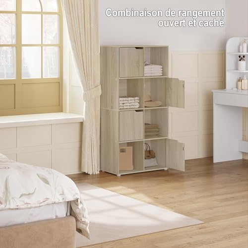 Woltu Bookcase SK039hei - Meuble de rangement avec 8 compartiments et 4 portes - Panneau de particules chêne clair - 60x30x120 cm