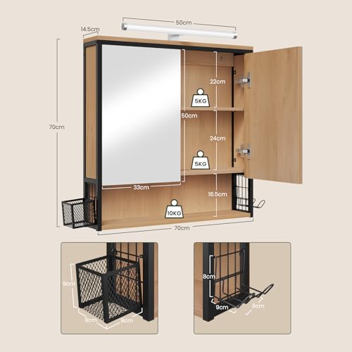 Eugad Armoire de toilette avec miroir et éclairage Chêne clair noir 70x70x14.5 cm