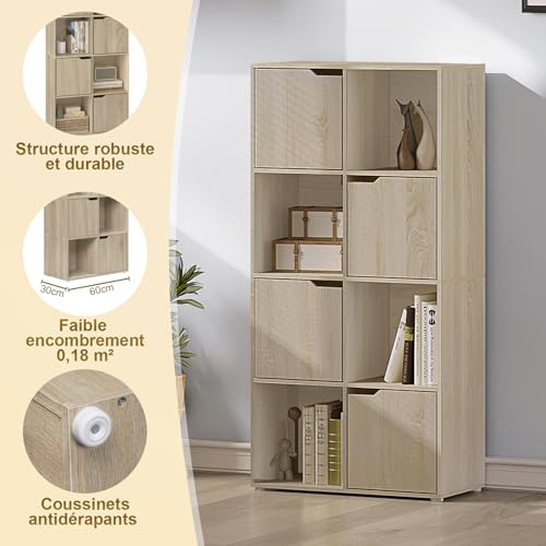 Woltu Bookcase SK039hei - Meuble de rangement avec 8 compartiments et 4 portes - Panneau de particules chêne clair - 60x30x120 cm
