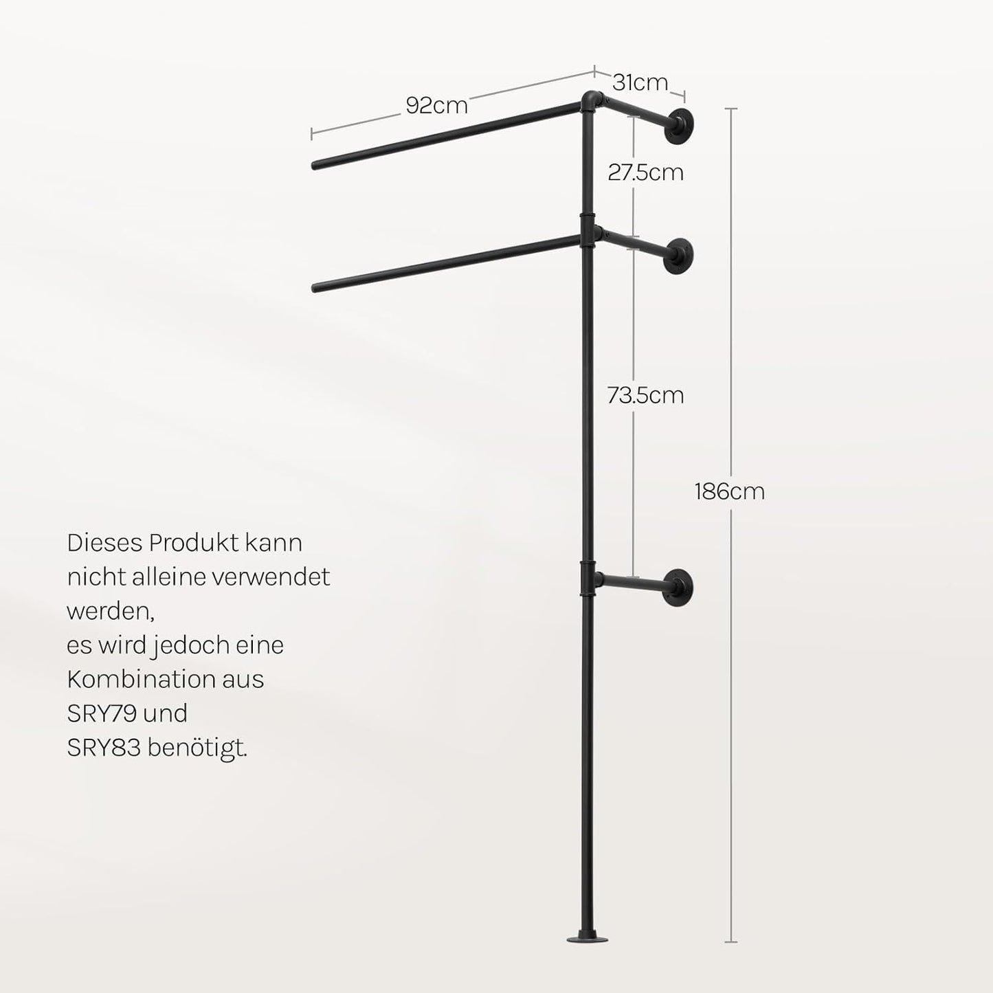 Woltu Industrial Wall Wardrobe with Double Clothes Rod - Black - 92 x 31 cm - Space-saving Open Cabinet System