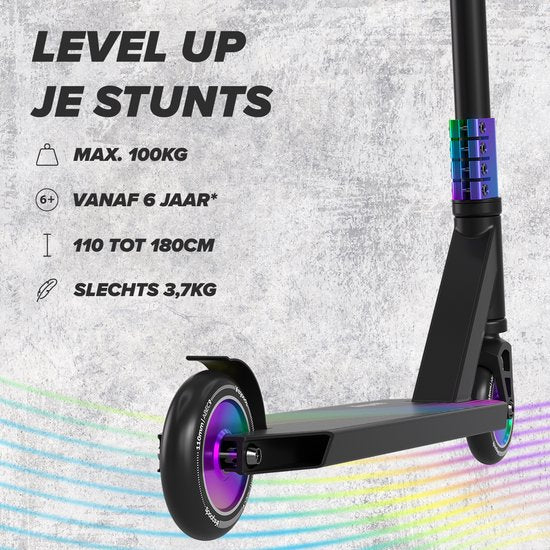 LifeGoods Stuntstep Pro X - T-Bar - HIC - Marchepied pour enfants - Garçons/Filles - 110mm - 100KG - Arc-en-ciel