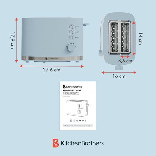 KitchenBrothers Toaster - Grille-pain - 6 niveaux de chaleur réglables - 2 fentes extra-larges - 870W - Bleu pastel