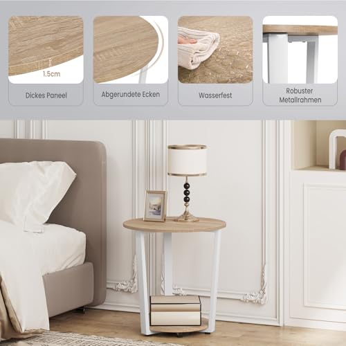 Woltu Round Coffee Table BTS13hei - Light Oak - 50x53x50 cm - With 2 Storage Racks - Stable Metal Frame - Modern and Compact