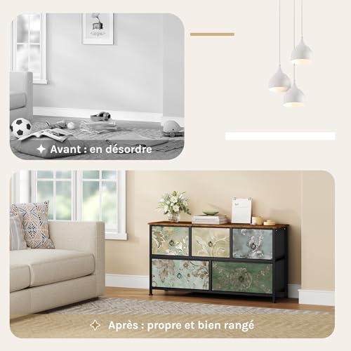 WOLTU Meuble à tiroirs à motif floral vintage - Meuble de rangement avec 5 tiroirs en tissu et cadre en métal - 100 x 30 x 54 cm