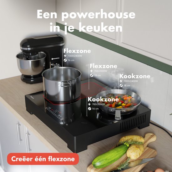KitchenBrothers Plaque de cuisson à induction - Plaque de cuisson à induction autoportante - 60 cm - 4 zones - 1x Flexzone - 1 phase - Jusqu'à 3500W - Noir