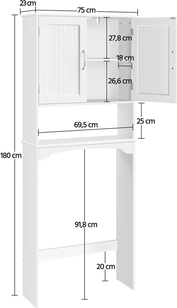 Armoire de salle de bains Yaheetech 75 x 23 x 180 cm - Blanche - Armoire à poser pour WC ou lave-linge avec étagère réglable