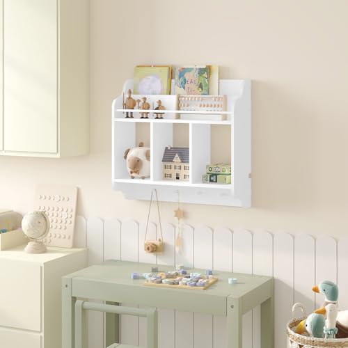Woltu étagère murale pour enfants avec 3 compartiments ouverts et 4 crochets blanc 60x57x20 cm